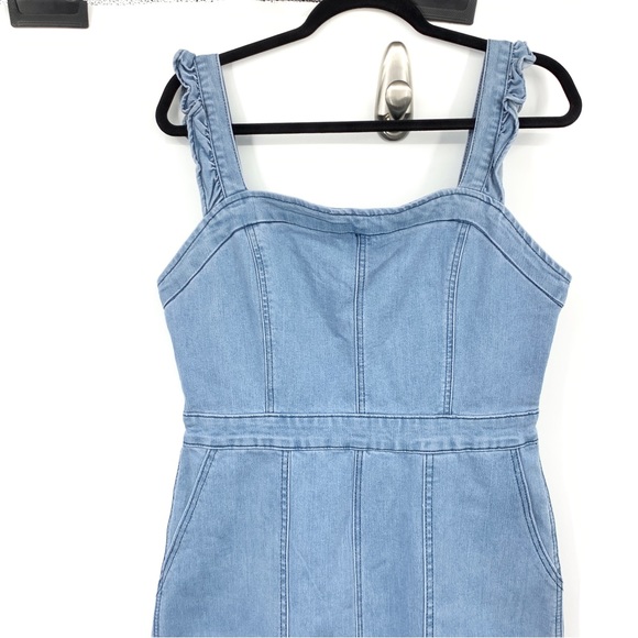 BOHME Women Size XL Overalls Light Wash Denim Jean Ruffle Wide Leg Crop Stretch - Picture 2 of 14